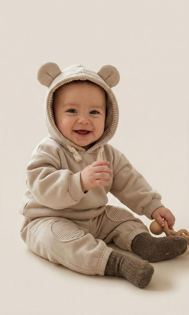 LittleBear – Bawełniany Dresik z Kapturem i Ozdobnymi Łatami