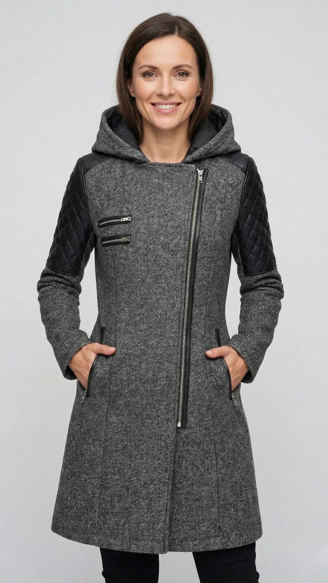 Verona - Płaszcz Biker: Połączenie Tweedu i Pikowanej Ekoskóry