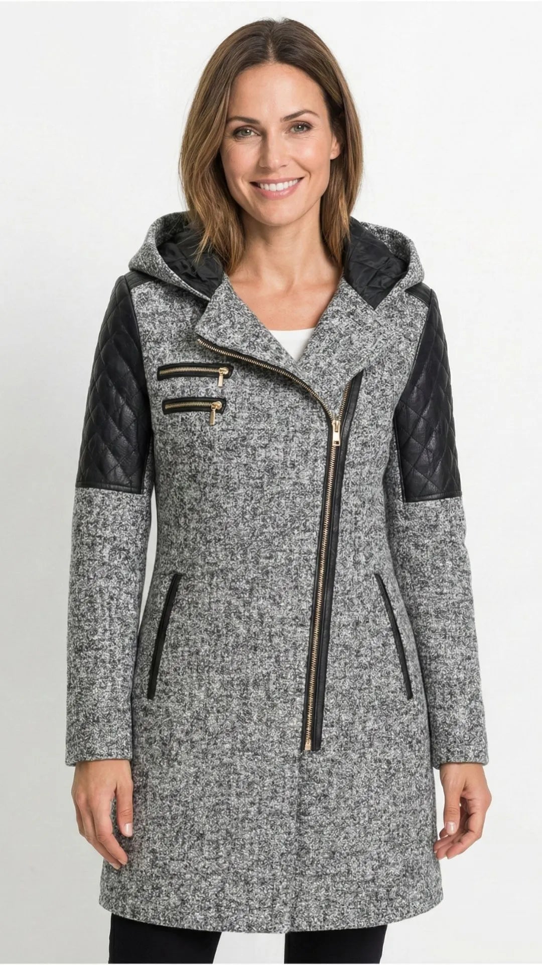 Verona - Płaszcz Biker: Połączenie Tweedu i Pikowanej Ekoskóry