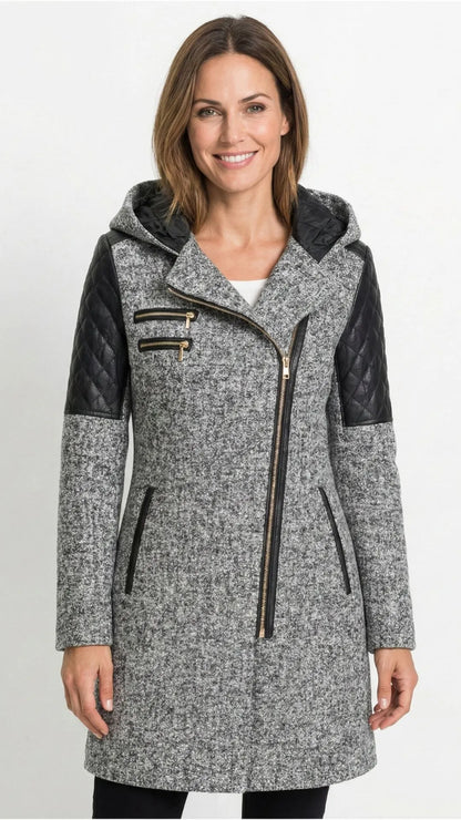 Verona - Płaszcz Biker: Połączenie Tweedu i Pikowanej Ekoskóry