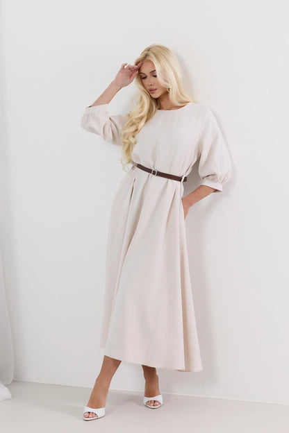 Dalia – Elegancka sukienka midi z bufiastymi rękawami i paskiem