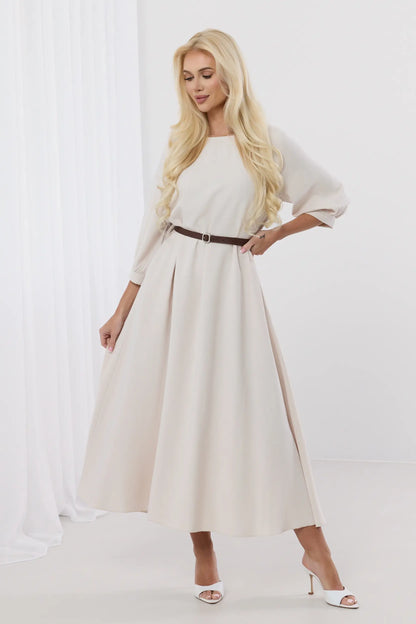 Dalia – Elegancka sukienka midi z bufiastymi rękawami i paskiem