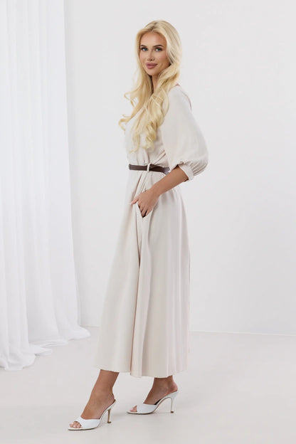 Dalia – Elegancka sukienka midi z bufiastymi rękawami i paskiem