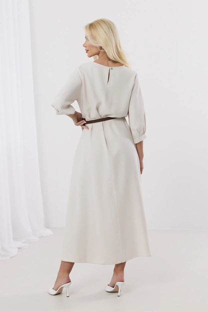 Dalia – Elegancka sukienka midi z bufiastymi rękawami i paskiem