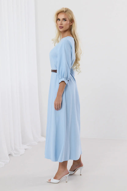 Dalia – Elegancka sukienka midi z bufiastymi rękawami i paskiem