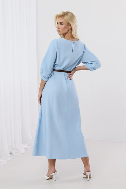 Dalia – Elegancka sukienka midi z bufiastymi rękawami i paskiem