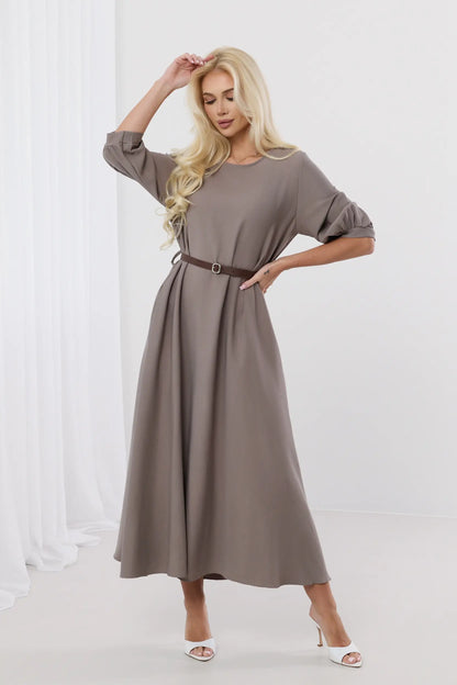 Dalia – Elegancka sukienka midi z bufiastymi rękawami i paskiem