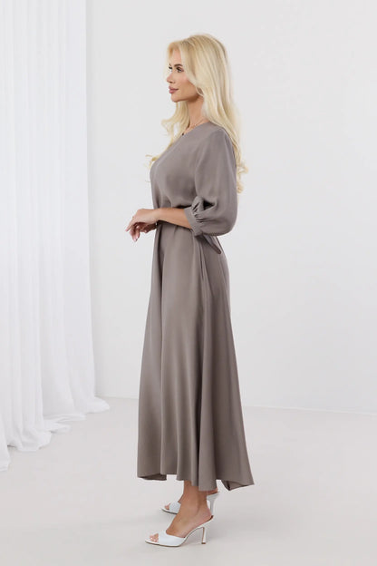 Dalia – Elegancka sukienka midi z bufiastymi rękawami i paskiem