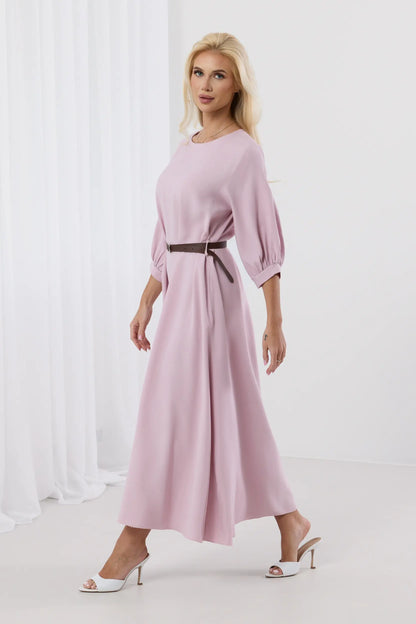 Dalia – Elegancka sukienka midi z bufiastymi rękawami i paskiem