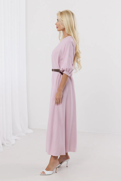 Dalia – Elegancka sukienka midi z bufiastymi rękawami i paskiem